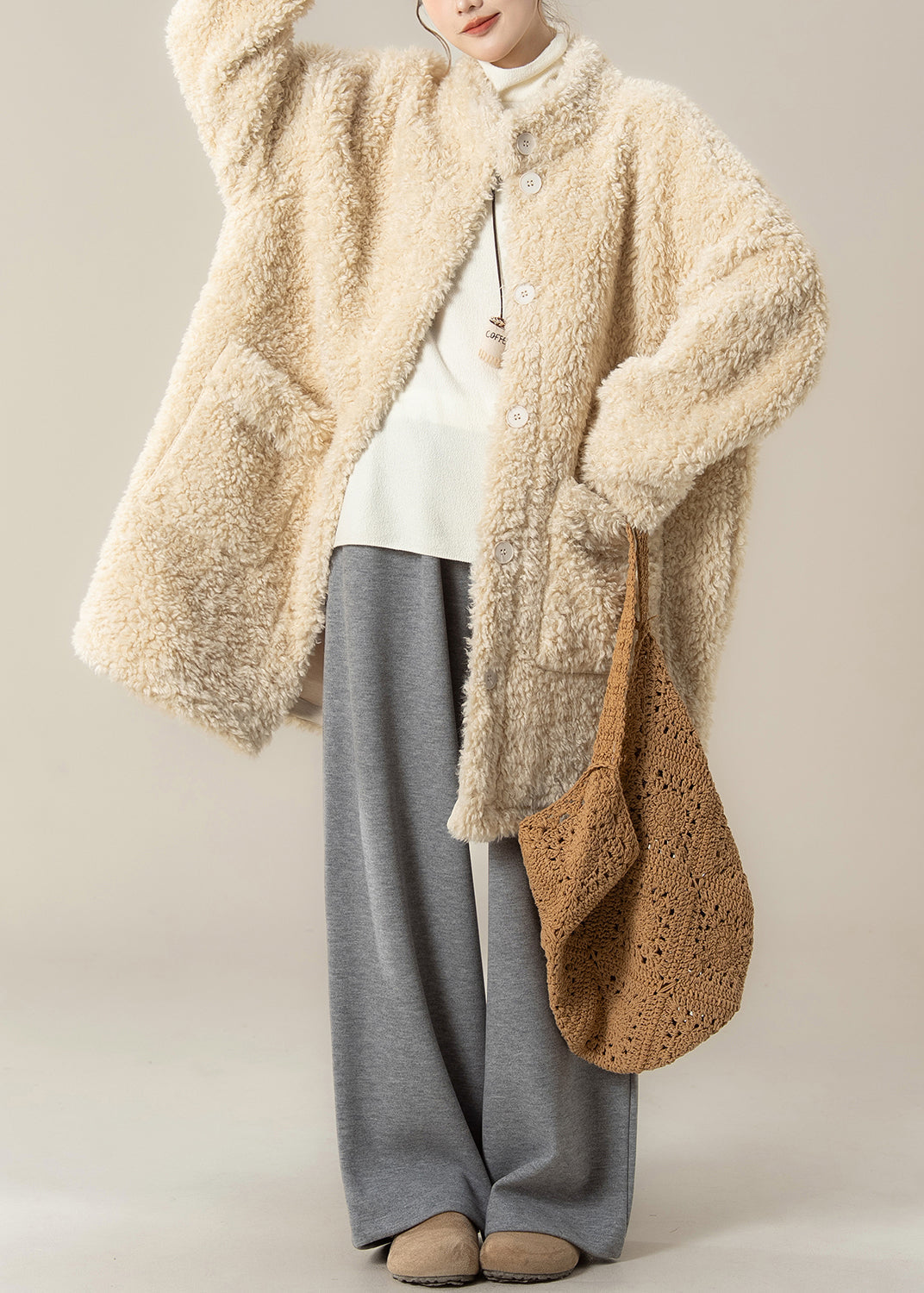 Plus Size Apricot Stand Collar Pockets Teddy Coat Winter