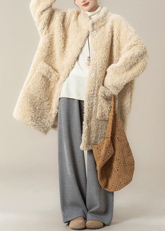 Plus Size Apricot Stand Collar Pockets Teddy Coat Winter