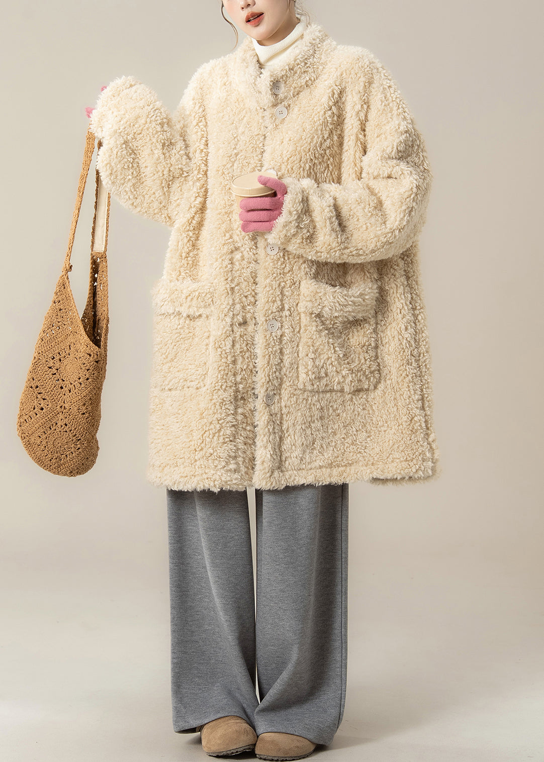 Plus Size Apricot Stand Collar Pockets Teddy Coat Winter