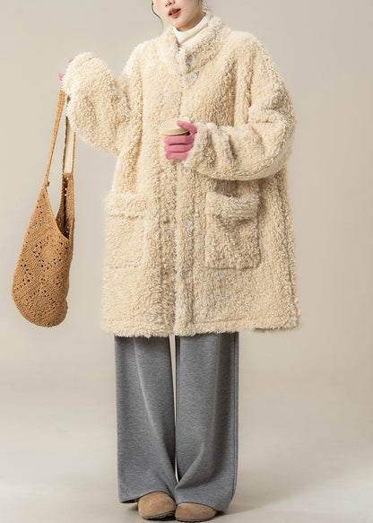 Plus Size Apricot Stand Collar Pockets Teddy Coat Winter