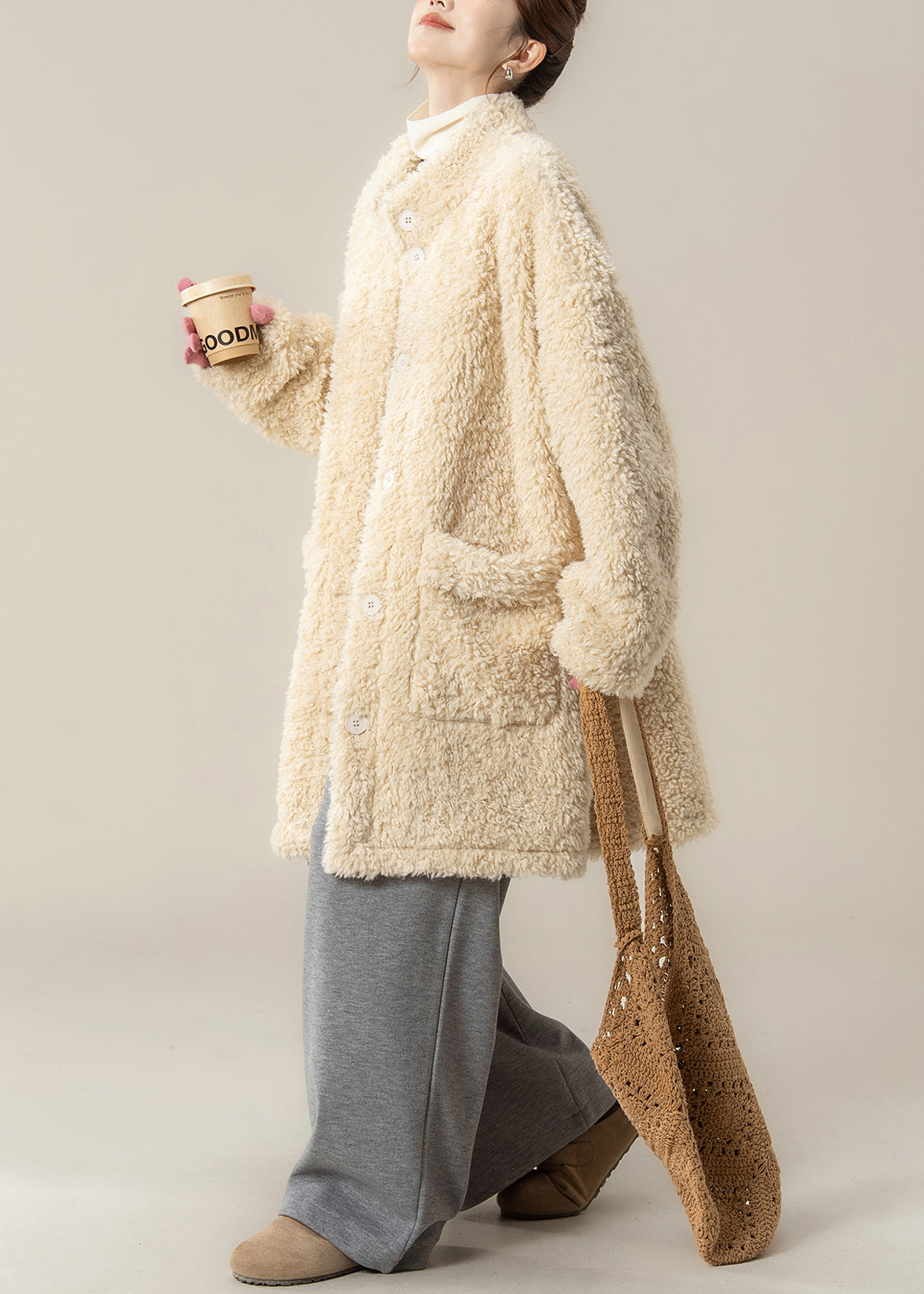 Plus Size Apricot Stand Collar Pockets Teddy Coat Winter