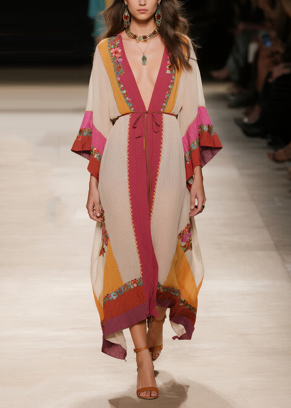 Plus Size Apricot Tie Waist Print Cotton Robe Dresses Summer