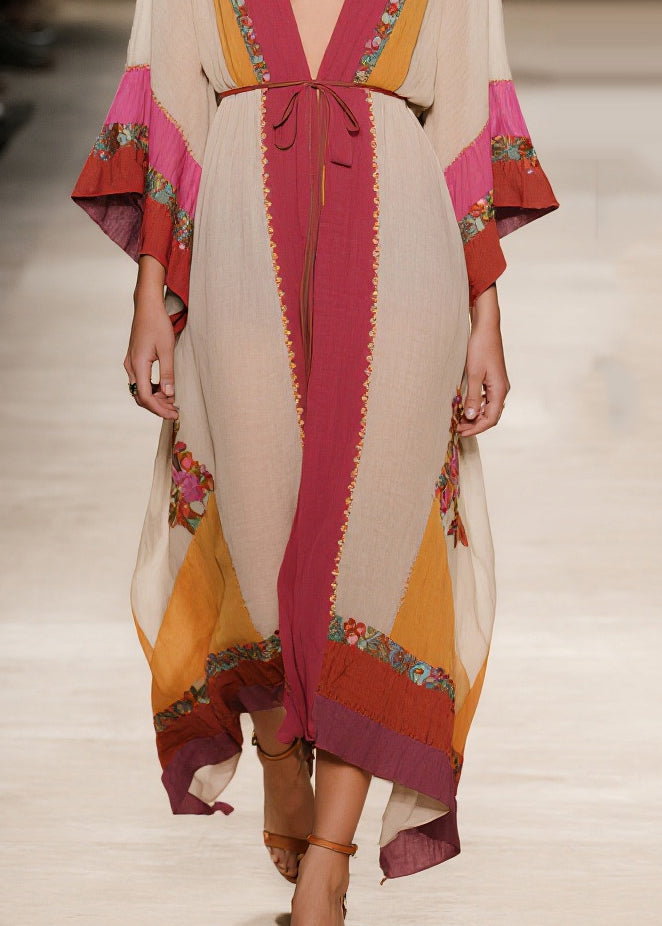 Plus Size Apricot Tie Waist Print Cotton Robe Dresses Summer