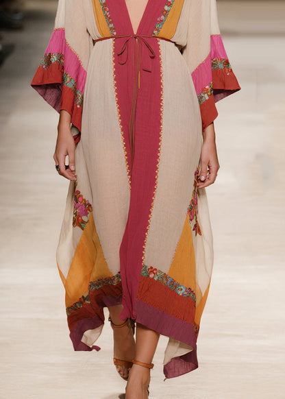 Plus Size Apricot Tie Waist Print Cotton Robe Dresses Summer