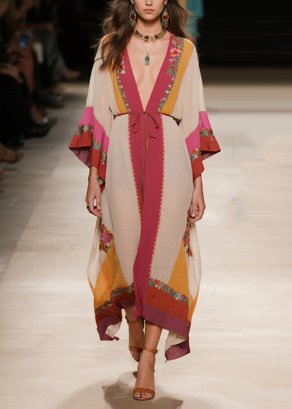 Plus Size Apricot Tie Waist Print Cotton Robe Dresses Summer