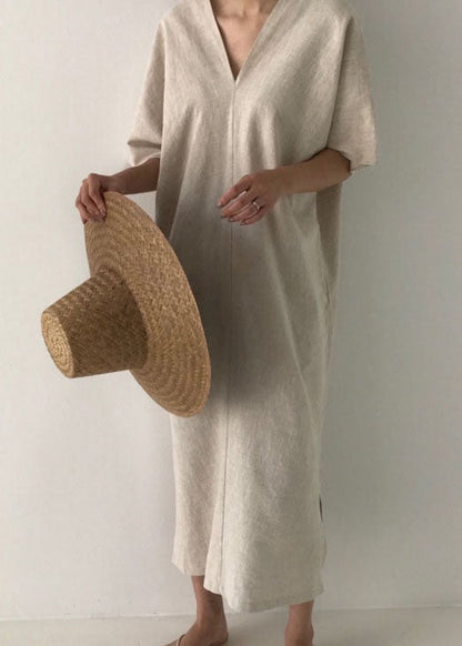 Plus Size Apricot seitlich offenes Leinenkleid Kurzarm