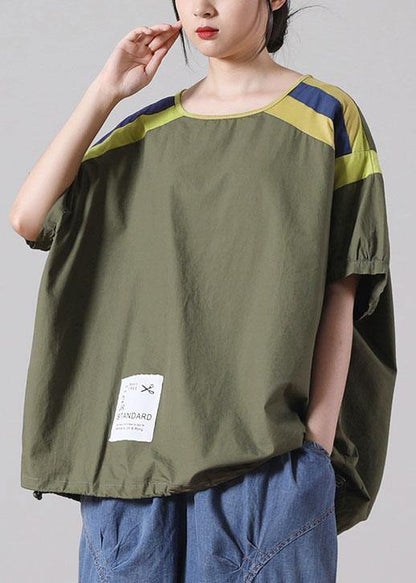 Plus Size Army Green Cotton Short Sleeve Summer Top - SooLinen