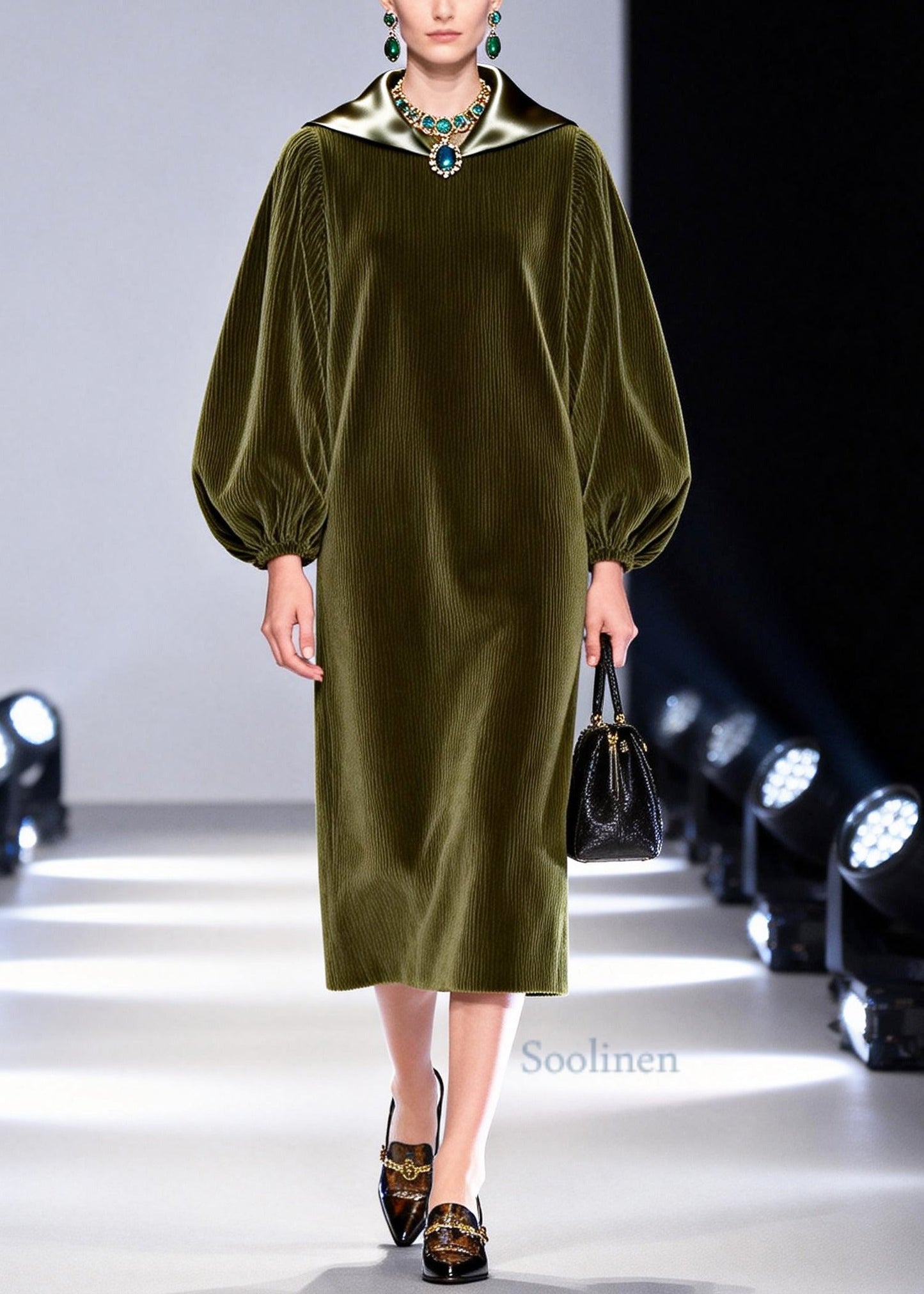 Plus Size Army Green Oversized Patchwork Corduroy Dress Fall