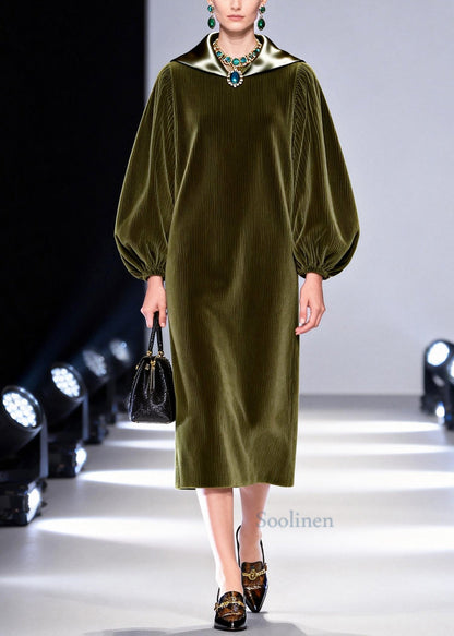 Plus Size Army Green Oversized Patchwork Corduroy Dress Fall