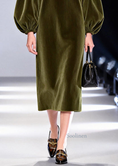 Plus Size Army Green Oversized Patchwork Corduroy Dress Fall