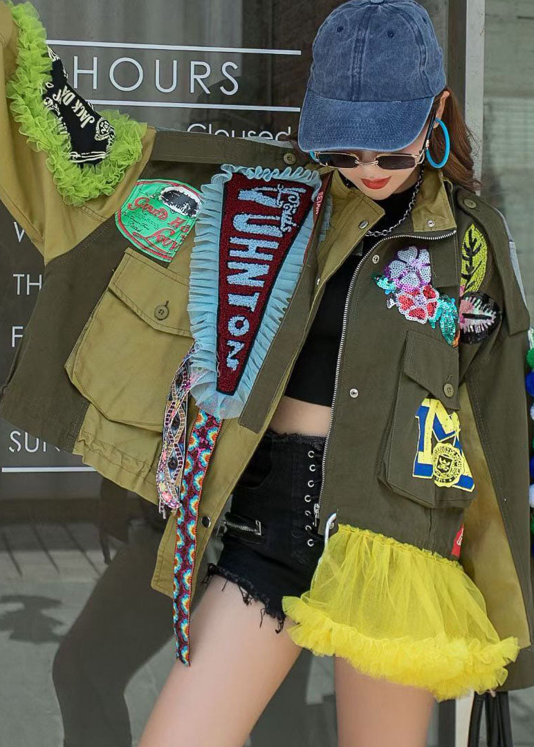 Plus Size Army Green Stehkragen Button Print Patchwork Herbst Denim Mantel Langarm