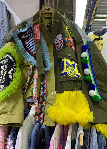 Plus Size Army Green Stehkragen Button Print Patchwork Herbst Denim Mantel Langarm