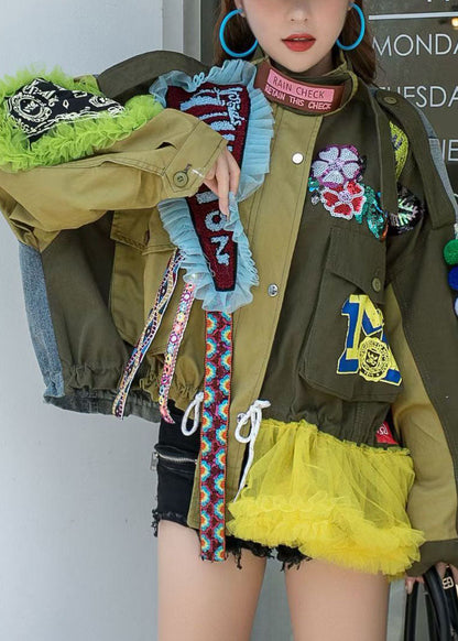 Plus Size Army Green Stehkragen Button Print Patchwork Herbst Denim Mantel Langarm