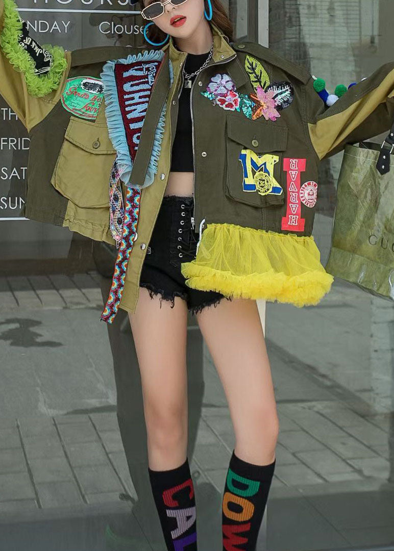 Plus Size Army Green Stehkragen Button Print Patchwork Herbst Denim Mantel Langarm