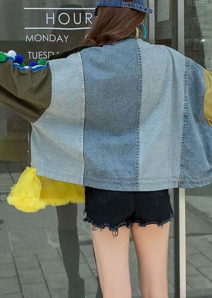 Plus Size Army Green Stehkragen Button Print Patchwork Herbst Denim Mantel Langarm