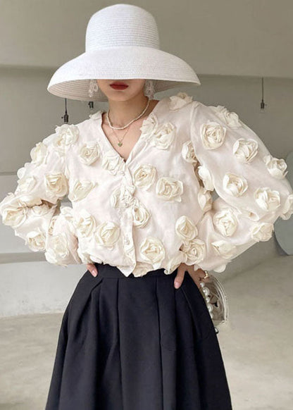 Plus Size Beautiful White V Neck Floral Shirts Spring