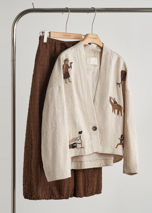 Plus Size Beige Embroidered Oversized Linen Coat Spring