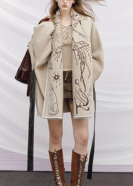 Plus Size Beige Embroidered Tie Waist Woolen Coats Winter