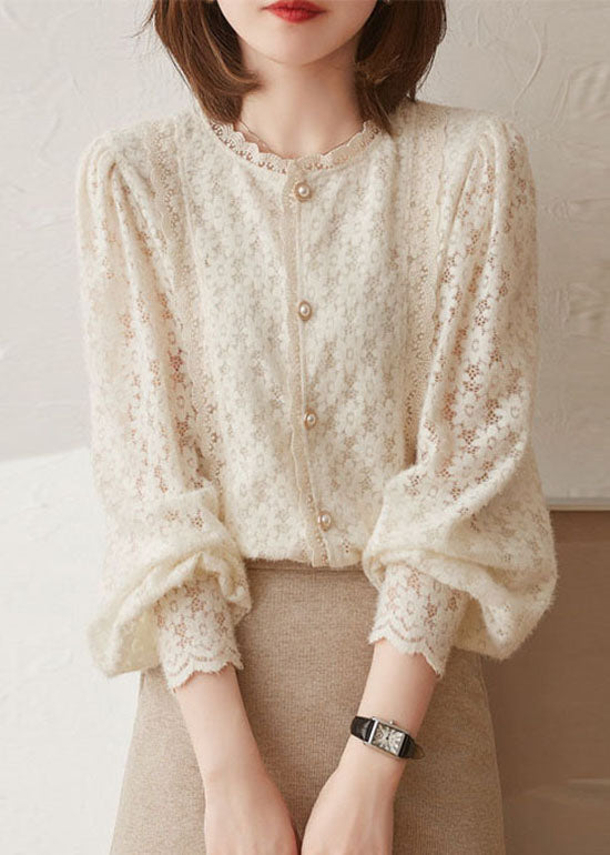 Plus Size Beige Hollow Out button lace Patchwork tops lantern sleeve