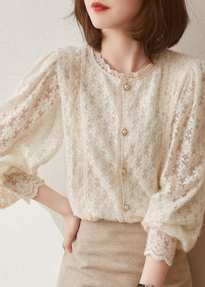Plus Size Beige Hollow Out button lace Patchwork tops lantern sleeve