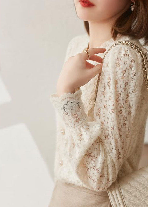 Plus Size Beige Hollow Out button lace Patchwork tops lantern sleeve