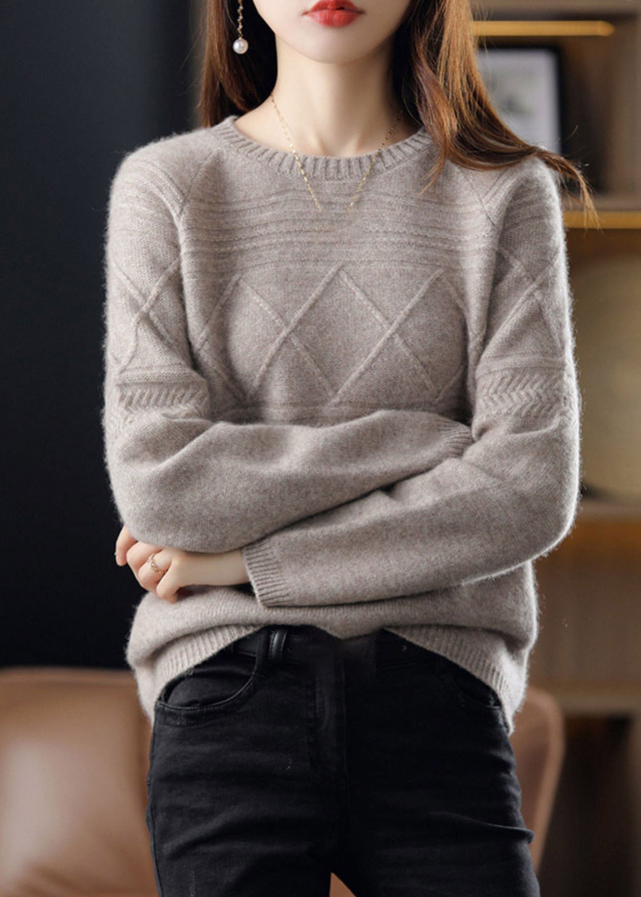 Plus Size Beige O-Ausschnitt Oversized Kaschmirpullover Winter