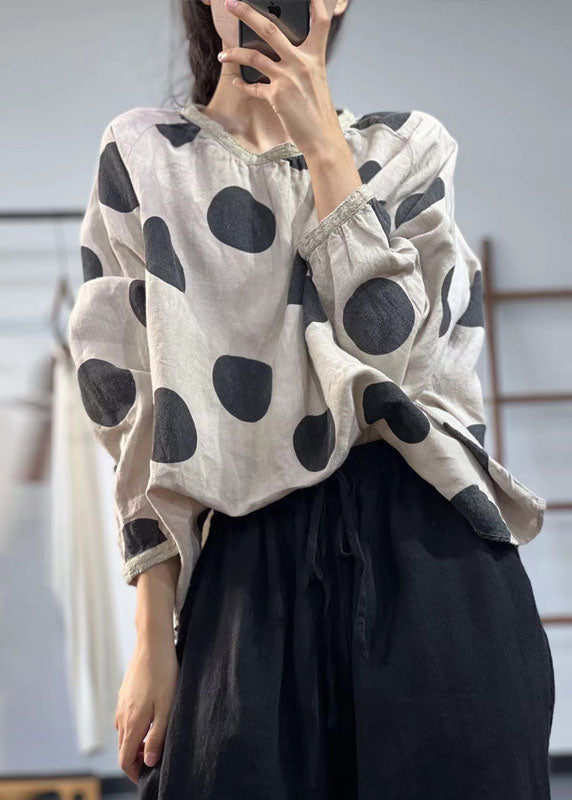 Plus Size Beige Oversized Dot Print Leinenhemden Herbst