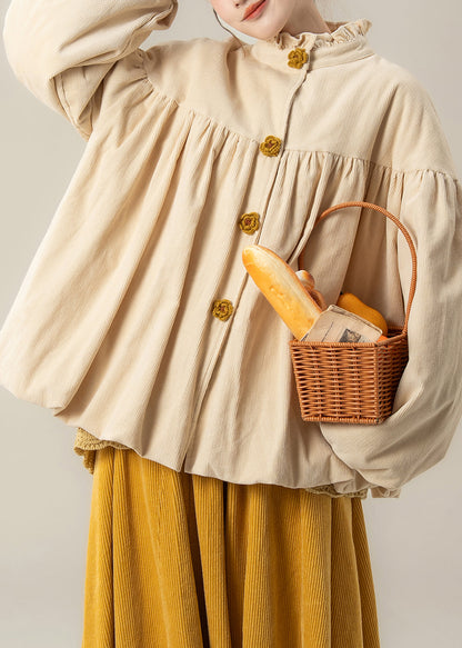 Beigefarbene, gerüschte Cord-Parkas in Übergröße mit Baumwollfüllung für den Winter