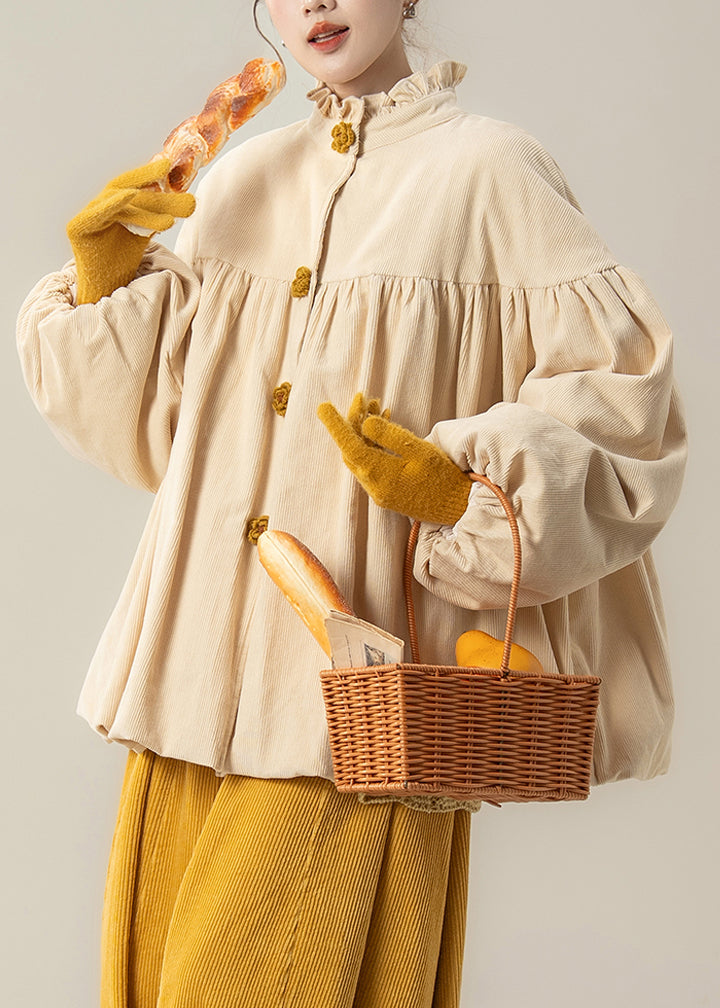 Beigefarbene, gerüschte Cord-Parkas in Übergröße mit Baumwollfüllung für den Winter