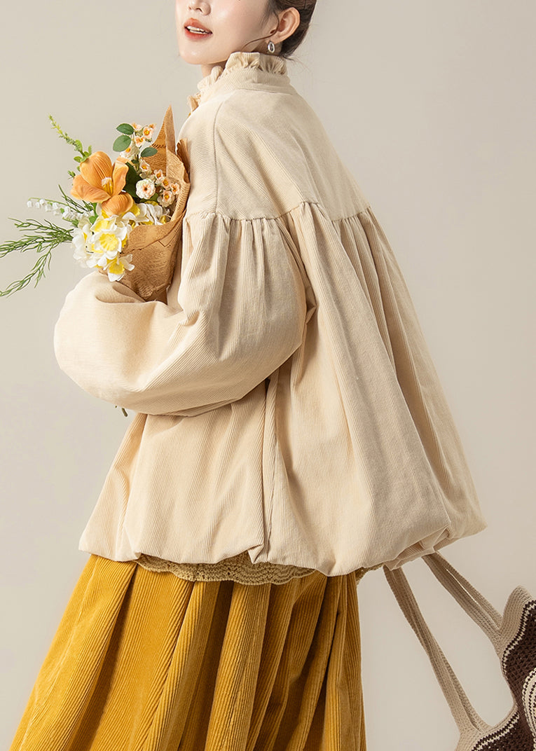 Beigefarbene, gerüschte Cord-Parkas in Übergröße mit Baumwollfüllung für den Winter