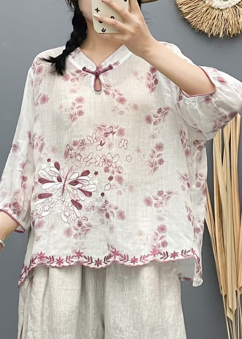 Plus Size Beige Stand Collar Embroidered Linen Shirt Top Summer