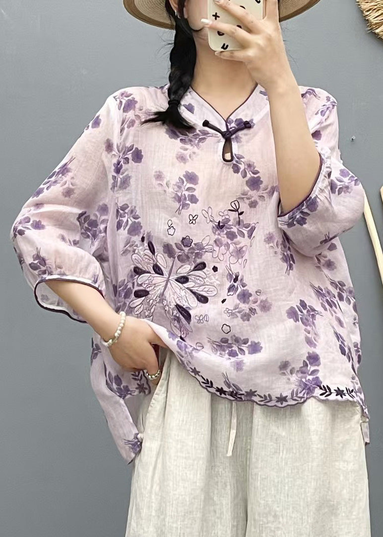 Plus Size Beige Stand Collar Embroidered Linen Shirt Top Summer