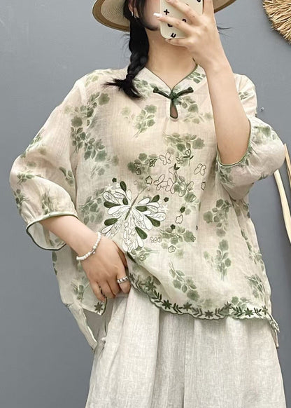 Plus Size Beige Stand Collar Embroidered Linen Shirt Top Summer
