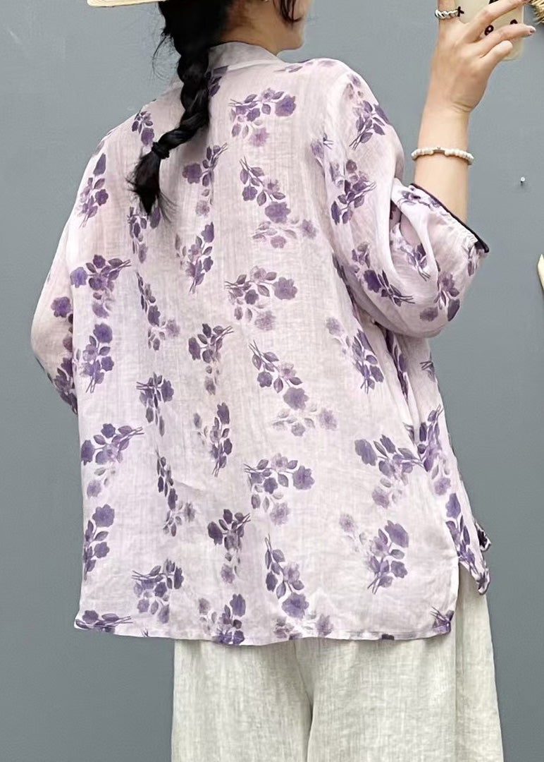 Plus Size Beige Stand Collar Embroidered Linen Shirt Top Summer