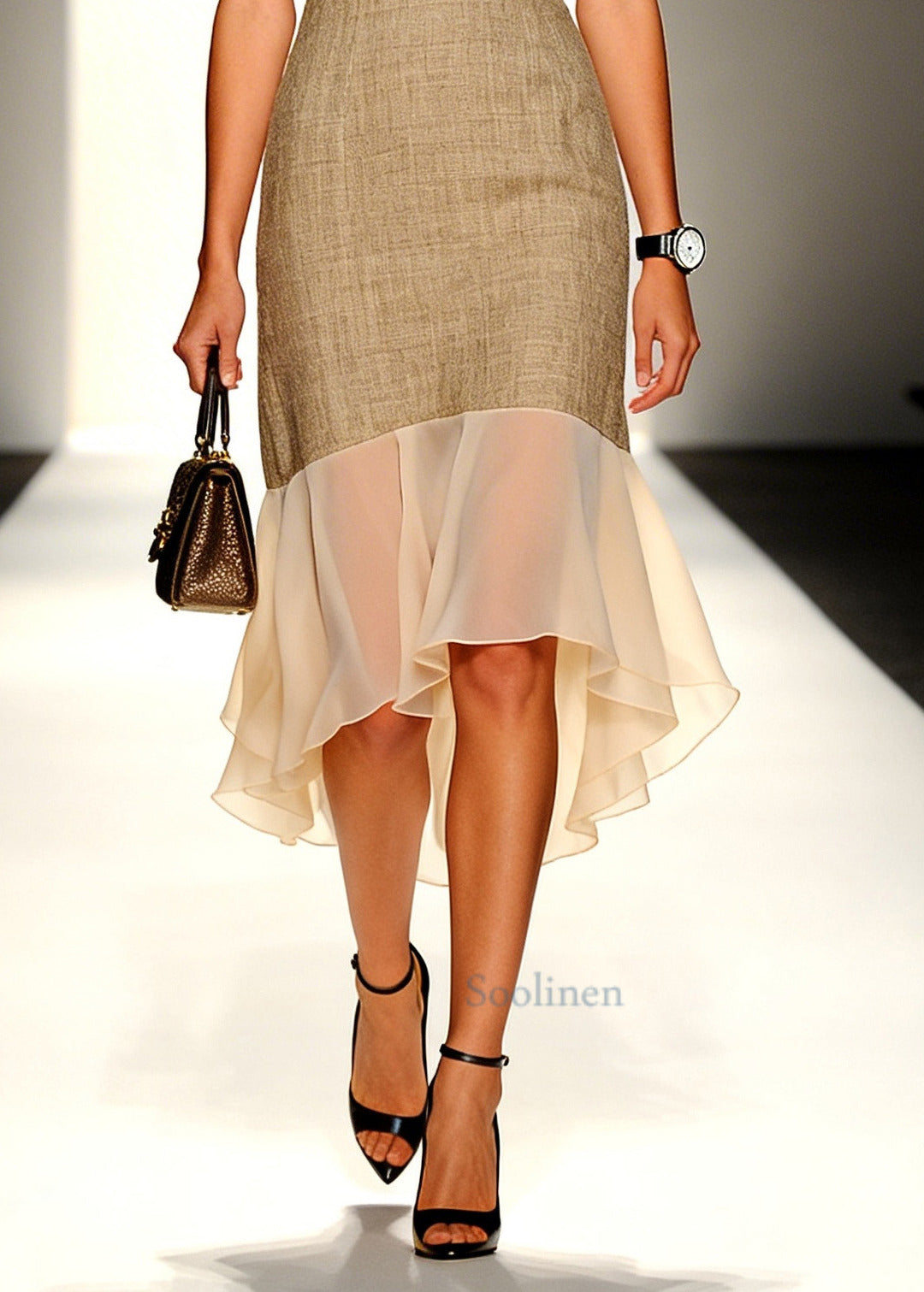 Plus Size Beige V Neck Patchwork Linen Vacation Dresses Summer