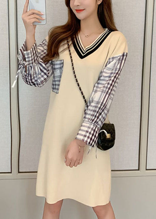 Plus Size Beige V-Ausschnitt Plaid Patchwork Strick Strickkleid Winter