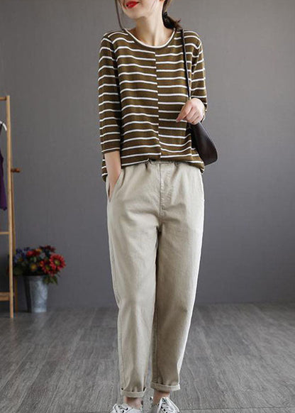 Plus Size Beige elastische Taille Taschen Baumwollhose Frühling