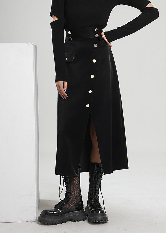 Plus Size Schwarzer asymmetrischer Cordrock mit Knöpfen