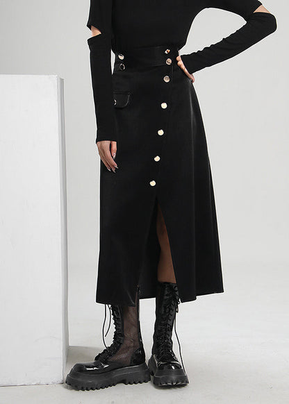 Plus Size Schwarzer asymmetrischer Cordrock mit Knöpfen