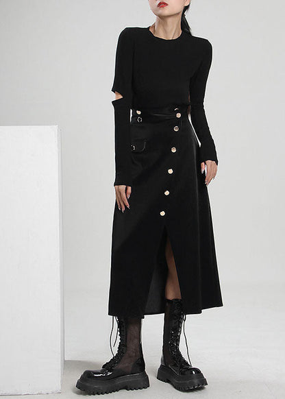 Plus Size Schwarzer asymmetrischer Cordrock mit Knöpfen