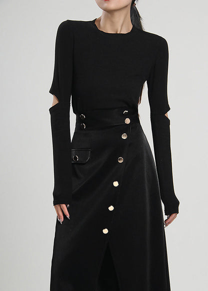 Plus Size Schwarzer asymmetrischer Cordrock mit Knöpfen