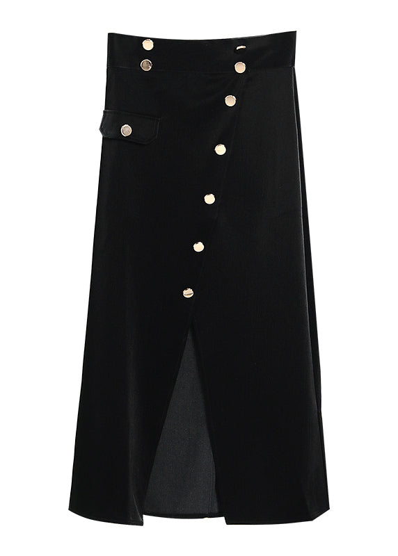 Plus Size Schwarzer asymmetrischer Cordrock mit Knöpfen