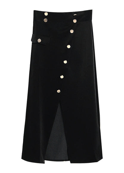 Plus Size Schwarzer asymmetrischer Cordrock mit Knöpfen