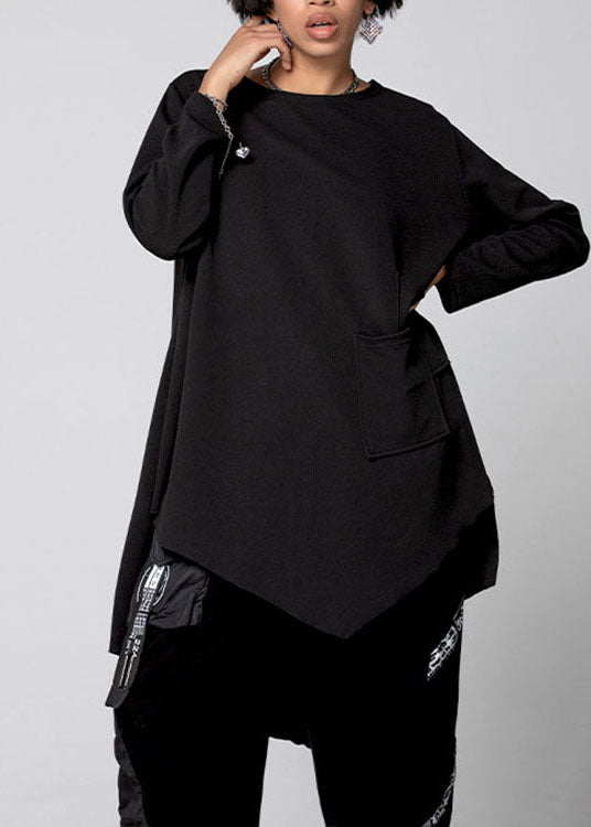 Plus Size Schwarzes asymmetrisches Baumwollhemd mit Taschen