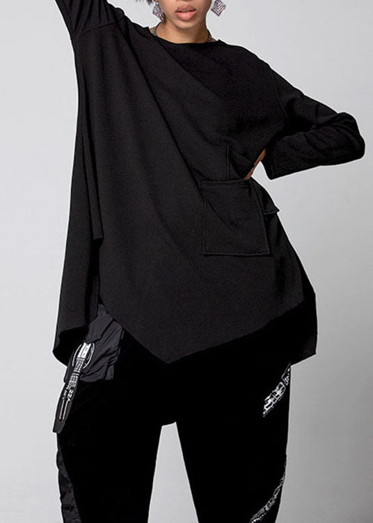 Plus Size Schwarzes asymmetrisches Baumwollhemd mit Taschen