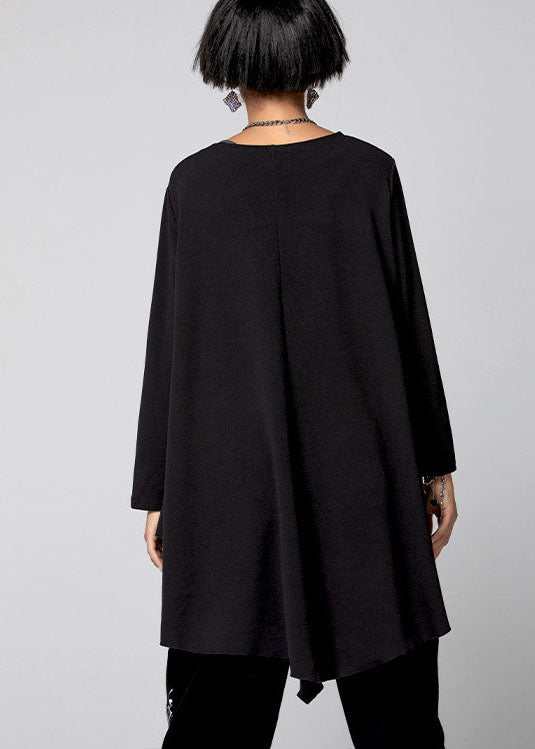 Plus Size Schwarzes asymmetrisches Baumwollhemd mit Taschen