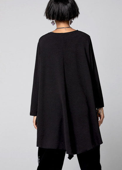 Plus Size Schwarzes asymmetrisches Baumwollhemd mit Taschen