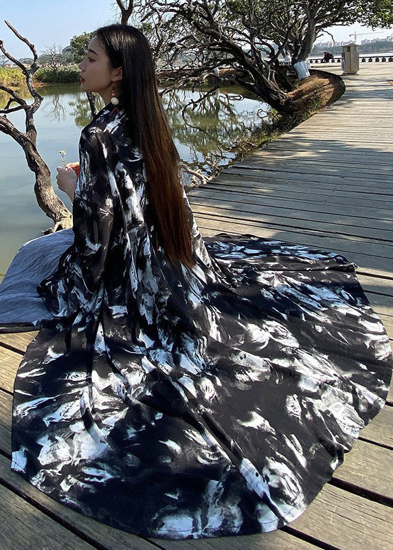 Plus Size Schwarzer Cinched Print Baumwollcardigan Frühling