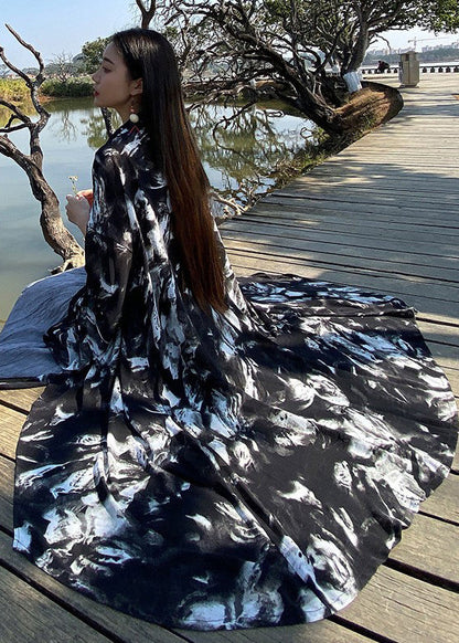 Plus Size Schwarzer Cinched Print Baumwollcardigan Frühling