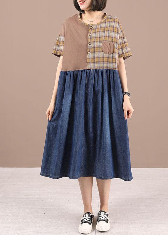 Plus Size Black Cotton Plaid Patchwork Summer Party Dresses - SooLinen